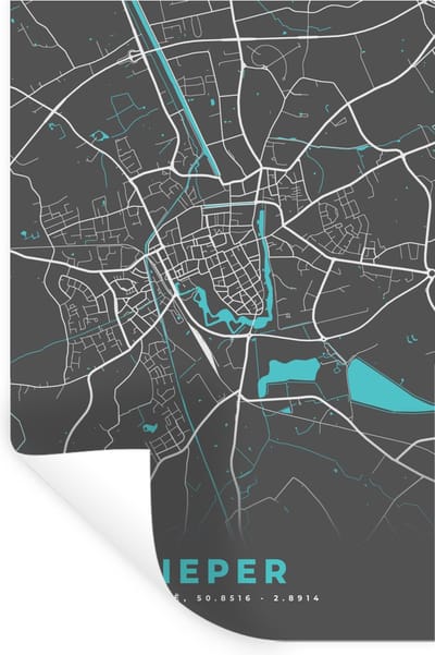 Muurstickers - Sticker Folie - Plattegrond – Ieper – Blauw – Stadskaart - Kaart - België - 20x30 cm - Plakfolie - Muurstickers Kinderkamer - Zelfklevend Behang - Zelfklevend behangpapier - Stickerfolie