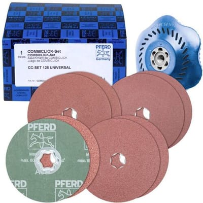 PFERD TOOLS 42098001 Combi-fiberschijfset korund Ø 125mm A36, 60, 80, 120 met CC-H-GT-steunschijf voor universele toepassingen Diameter 125 mm