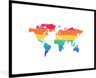 Poster in lijst - Fotolijst 90x60 cm - Posters - Wereldkaart - Pride vlag - Regenboog - Posterlijst zwart - Decoratie - Wanddecoratie woonkamer - Muurdecoratie slaapkamer