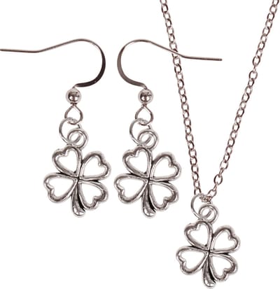 Set - Kinderketting 45cm - Zilverkleurige Oorbellen - Hangertje Klavertje vier zilverkleurig 1,5cm