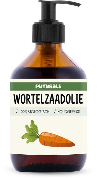 Puturals Wortelolie 100% Biologisch - 300ml - Puur en Koudgeperst - Carrot Oil als Haarmasker, Haarolie en Huidolie - Rijk aan Antioxidanten - Bruine Glazen Fles + Pomp