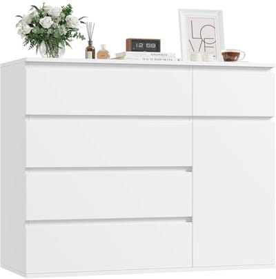 NordHaus Ladekast - Opbergkast Slaapkamer - Houten Dressoir - 5 Lades en Kastvak - Grote Opbergruimte 100x80x40 cm-Kleur Wit