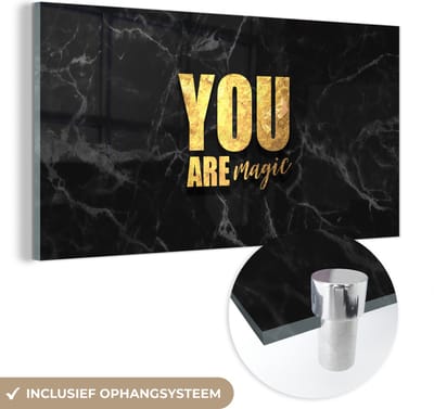 MuchoWow® Glasschilderij 40x20 cm - Schilderij acrylglas - Quotes - Magic - Goud - Marmer - Foto op glas - Schilderijen