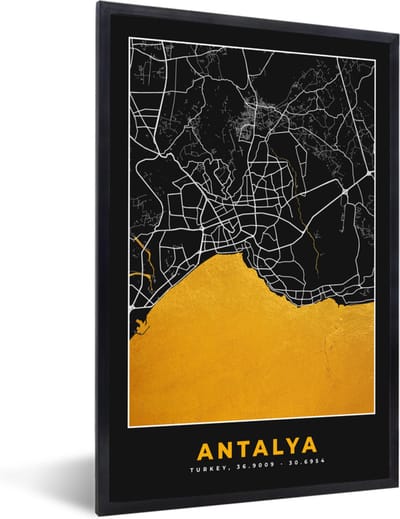 Fotolijst incl. Poster - Antalya - Stadskaart - Plattegrond - Goud - Kaart - 40x60 cm - Posterlijst