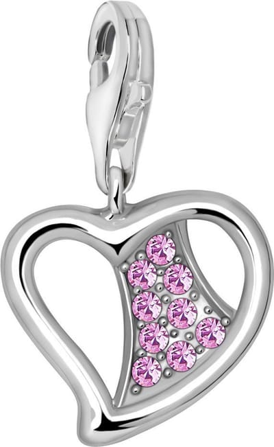 Quiges – 925 - Zilver – Charm - Bedel - Hanger - Roze Zirkonia Hart - met – sterling - zilver - karabijnslot - geschikt - voor - Bedelarmband HC239