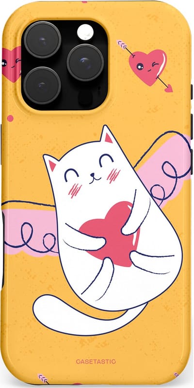 Casetastic hoesje geschikt voor Apple iPhone 16 Pro - MagSafe - Dubbellaagse bescherming - Kattenflirt Geel Rode Hartjes Liefde - Fashion Case - Goud Wit