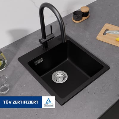 CECIPA max Spoelbak Keuken 40x45CM - Enkele Spoelbakken Graniet - Onderbouw Spoelbak Zwart - Met waterafvoersysteem - Voor 40 cm kast