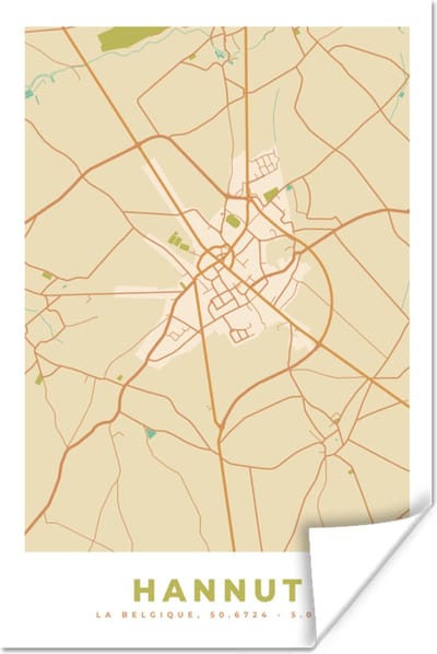 Poster Kaart - België - Hannut - Plattegrond - Stadskaart - 120x180 cm XXL