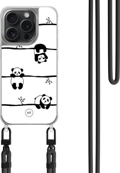 Hoesje met koord geschikt voor iPhone 14 Pro - Panda - Inclusief zwart koord - Crossbody beschermhoes - Transparant, Zwart, Wit - Mooie Telefoonhoesjes