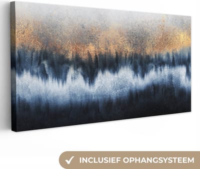 Canvas schilderij 40x20 cm - Wanddecoratie Abstract - Goud - Luxe - Blauw - Muurdecoratie woonkamer - Slaapkamer decoratie - Kamer accessoires - Schilderijen op canvas