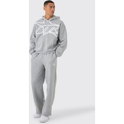 Oversized boxy hooded tracksuit met sterrenprint en ritssluiting | Grey Marl | Size XS