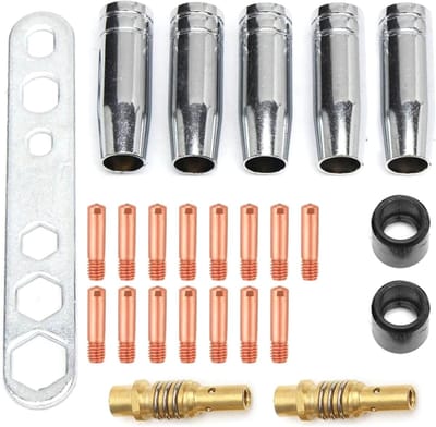 Vervangende Onderdelen voor Lasmachines, Beschermgas en Accessoires voor Laswerk, 5 Gasdoppen, 15 M6 0.8 mm Lasdoppen, 2 Nozzles, 2 Isolatoren, 1 Sleutel
