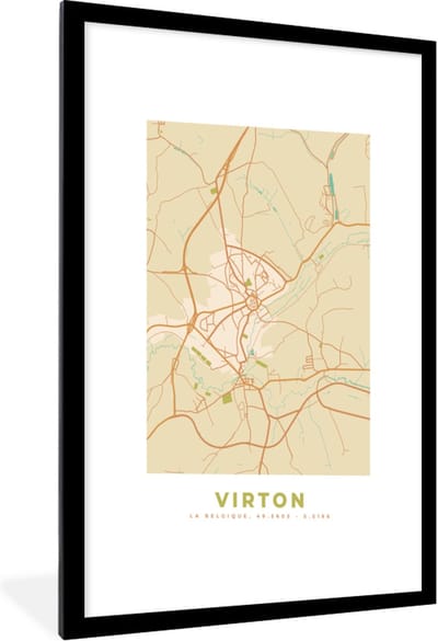 Fotolijst incl. Poster - Kaart - Retro - Vintage - Virton - Plattegrond - Stadskaart - 60x90 cm - Posterlijst