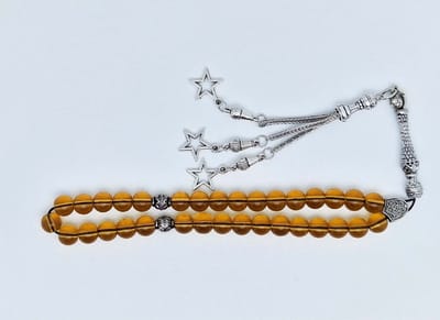 Handgemaakte tesbih klassiek - "Tasbih" natuursteen "Citrine" - Aantal kralen 33 - Diameter kralen 8 MM - met metaal tassel "Sterren" - Een mooi cadeau-idee