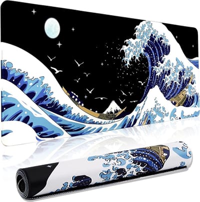 Grote gaming laptop muismat Sea Wave Desk Pad - waterdicht en antislip - Kanagawa surfen en zwart - 88 x 40 cm