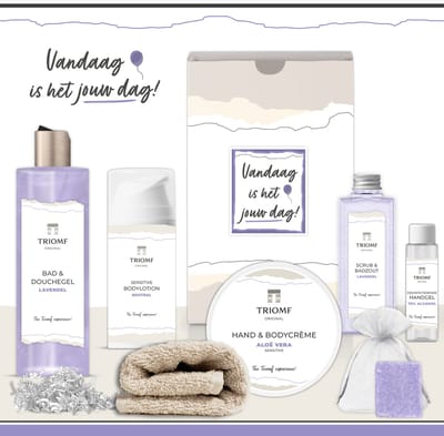 Geschenkset “Vandaag is het jouw dag!” - 7 producten - 850 gram | Triomf Original - Giftset voor haar Luxe Wellness Cadeaupakketje Geschenk Pakket Cadeau Verjaardag Feestje Geslaagd Rijbewijs Diploma Jubileum Party Gift Set Douchegel Lavendel Paars