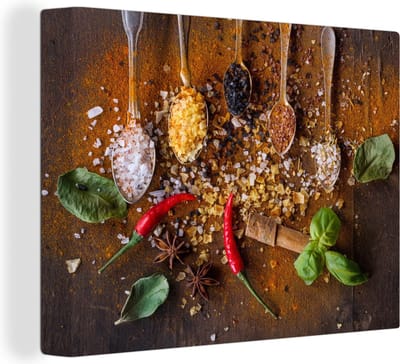 Canvas Schilderij Lepels - Kruiden - Chilipeper - Specerijen - 40x30 cm - Wanddecoratie