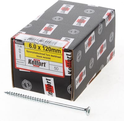 Kelfort Spaanplaatschroef platverzonken kop verzinkt T30 deeldraad 6.0 x 120mm (50 stuks)