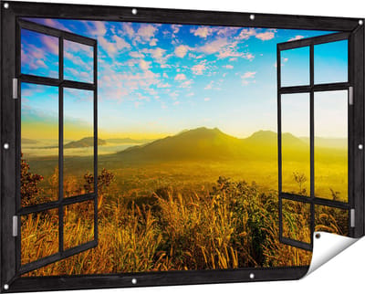 Gards Tuinposter Doorkijk Bergen met Mist in Thailand - 150x100 cm - Tuindoek - Tuindecoratie - Wanddecoratie buiten - Tuinschilderij