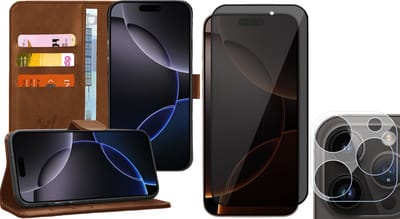 Hoesje geschikt voor iPhone 16 Pro - Privacy Screenprotector Volledig Dekkend Glas & Camera - Portemonnee Book Case Bruin