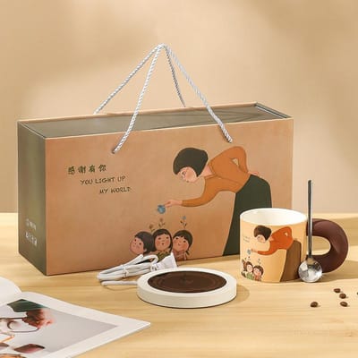Merci de vous avoir Tasse d'échauffement créative Coffret cadeau de vacances Tasse en céramique Tasse à eau Souvenir d'événement de Thanksgiving 401-500ml beige