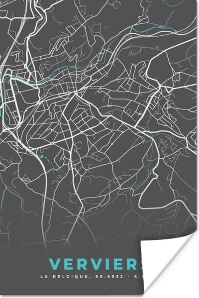 Poster Stadskaart – Grijs - Kaart – Verviers – België – Plattegrond - 120x180 cm XXL