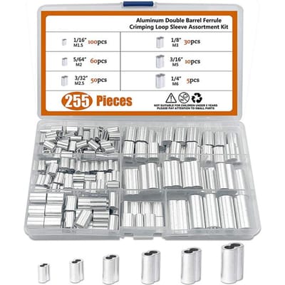 255 stuks Aluminium Krimp Lus Huls Dubbele Buis Klemassortiment Kit voor Staalkabel en Kabel M1.5/M2/M2.5/M3/M4/M5/M6 white
