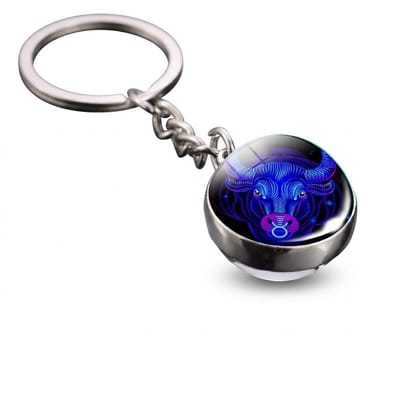 Zilverkleurige ronde sleutelhanger met blauwe stier afbeelding – sleutelhanger voor dames en heren – metalen keychain met stier symbool hanger en schakel ketting