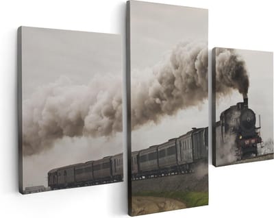 Artaza Canvas Schilderij Drieluik Locomotief Trein met Rook Wolken - 90x60 - Foto Op Canvas - Canvas Print