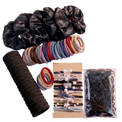 Set van 1085 haar accessoires – scrunchies, haar elastiekjes, mini elastiekjes en haar clips – complete zwarte en multicolor haar accessoire bundel voor dames en meisjes