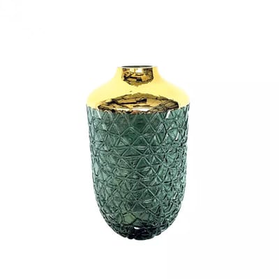 VAAS | BLOEMENVAAS | DECORATIEVE ACCESSOIRES| GLAS | GROEN GOUD | 16x16x29CM.