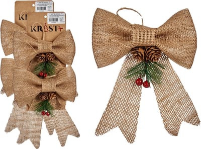 Krist+ Kerststrikjes kersthangers - 4x - beige glitters - 15 x 16 cm - jute - kerstversiering - kerstboomversiering