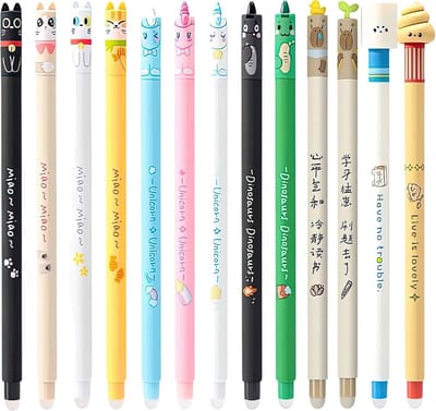 Ainy Schattige Kawaii uitwisbare pen set | 13 uitgumbare pennen voor etui , pennenzak of pennenbak | Blauwe & zwarte inkt | Capybara Unicorn & Katten design | Ideale manga anime teken balpennen | Uitgumbare schrijfwarenset voor kinderen & volwassenen