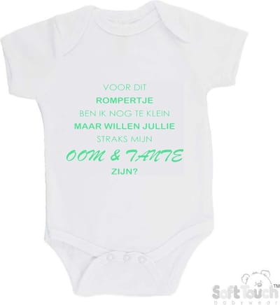 100% katoenen Romper "Voor dit rompertje ben ik nog te klein maar willen jullie straks mijn Oom & Tante zijn? " Unisex Katoen Wit/mint Maat 62/68