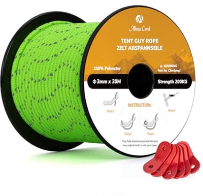 Scheerlijnen 3mm 30M Tentkoord met 6 Stks Aluminium Spanners - Reflecterend Neongroen voor Camping en Tent Setup