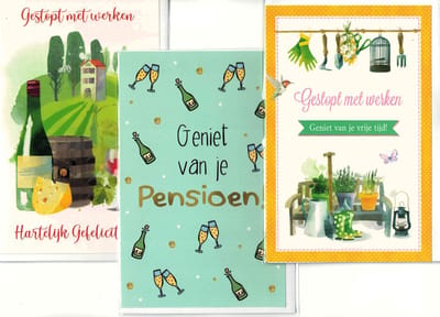 wenskaart - wenskaarten - 3 stuks - pensioen - gestopt met werken - pensioengerechtigde leeftijd