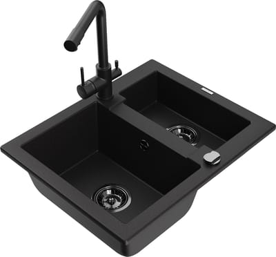 Mexen Carlos granieten gootsteen 1,5-kamer met keukenkraan Duero, zwart - 6518-77-671600-70-B