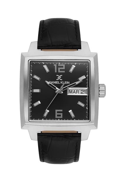 Daniel Klein DK.1.13991-2 - Horloge - Polshorloge - Analoog - Heren - Mannen - Leren band - Vierkant - Metaal - Datumaanduiding - Strepen - Cijfers - Zwart - Zilverkleurig - Wit