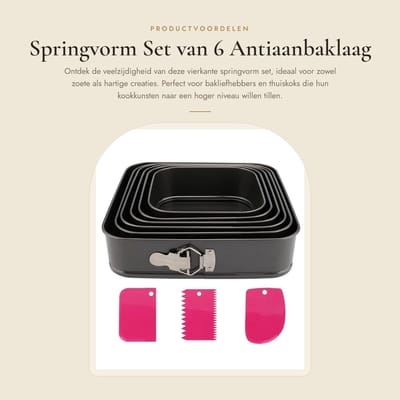 Dailygoods- Springvorm Set van 6 - Vierkante Bakvorm 18/20/22/24/26/28 cm - Antiaanbaklaag - Taartvorm Staal - Inclusief Spatels - Veelzijdig Inzetbaar