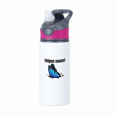 Hacebo® - blauwe vlinder met eigen naam waterfles met rietje roze - Vlinder - dieren liefhebber - iemand die houdt van vlinders - verjaardag - cadeau - kado - geschenk - water fles - 650ML