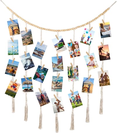 Allecto Plus - Macrame Fotowand met 45 Clips voor DIY Foto Collage - 120x90 cm - Wandophanging voor Foto's en Kaarten