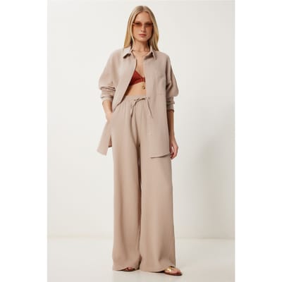 Hoge Taille Brede Pijpen Twee-Delig Co-ord Set met Kraag