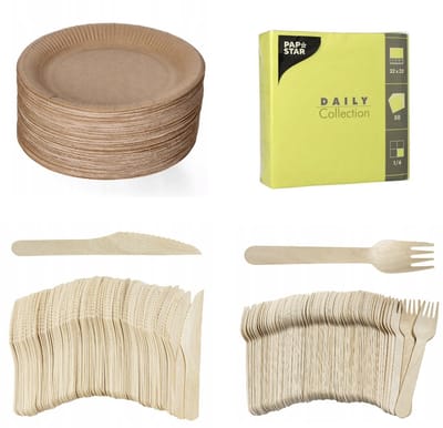 200 stuks x Houten wegwerp bestek set eco/milieubewust – 50 bruine kartonnen borden 23cm + 50 Vorken 16cm + 50 messen 16cm+ 50 servetten lime 32x32cm Feest/verjaardag/BBQ picknick