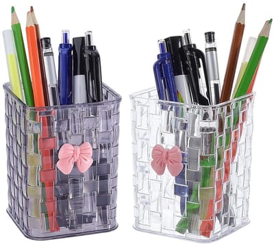 2 Stuks Rechthoekige Penhouders 2 Kleuren Potlood Houder met Strikken Plastic Potlood Cup Make-up Borstel Organizer Transparante Zwarte Pen Houders voor Aanrecht Kantoor Bureau Accessoire