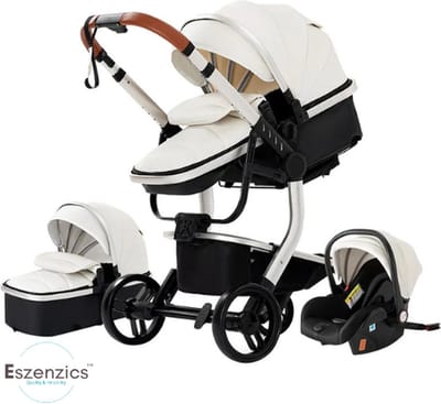 Eszenzics™ Luxe Kinderwagen 3-in-1 - incl. Autostoel - Multifunctionele 3-in-1 Buggy - 0-3 jaar - Wit - PU-leder bekleding - All-terrain