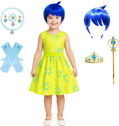 Joya Kids® Inside Verkleedjurk Joy | Binnenste en buiten Verkleedset Plezier | Verkleden Meisje Binnenste | Carnvalskleding Halloween Meisjes | Verkleed Jurk Groen | Met Accessoiresset en Blauwe Pruik | Maat 110