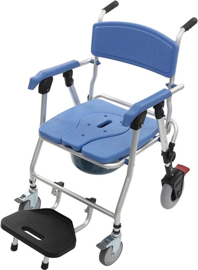 Douchestoel met wielen - Senioren toiletstoel - Veilige mobiliteit - Opvouwbaar en stevig - Tot 150 kg - Zilver en blauw