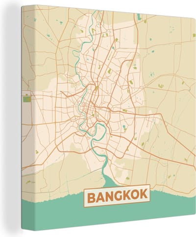 Canvas Schilderij Bangkok - Kaart - Plattegrond- Vintage - Stadskaart - 20x20 cm - Wanddecoratie