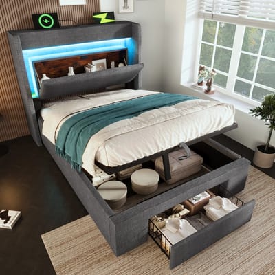 DESMIU Gestoffeerd Bed 90x200 cm – Bed Met Verstelbare Ledverlichting En Oplaadfunctie – Hoofdbord Met Opbergruimte En Lade – Voor Slaapkamer – Linnenlook – Grijs – Zonder Matras