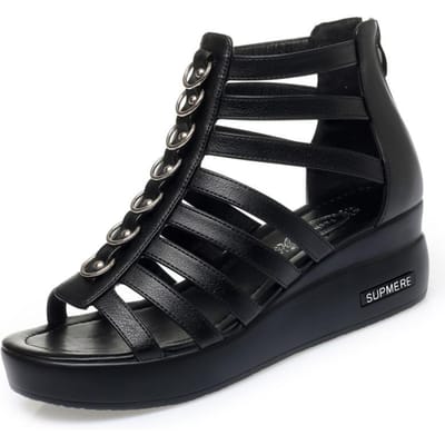 Comfortabele Ademende Uitgesneden Middelhoge Hak Sandalen Zomer Mode Veelzijdig Open Teen Zwarte Zachte Leren Schoenen voor Kantoor Moeder 39 black